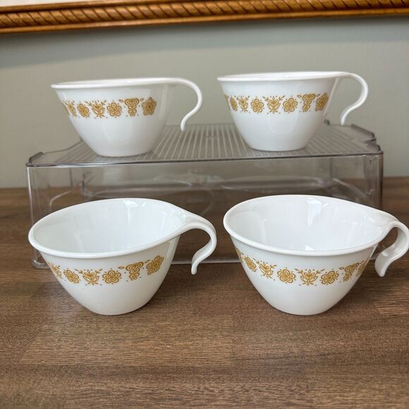 4 Vtg Corelle Butterfly Gold Hook Handle Coffee Tea Cup 6oz Stackable 70s MCM - Picture 1 of 10